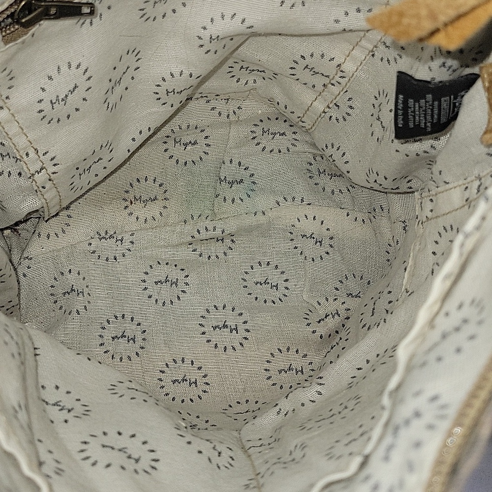 Myra Gray Pattern & Tan Leather Shoulder Bucket Bag Purse - Picture 3 of 9